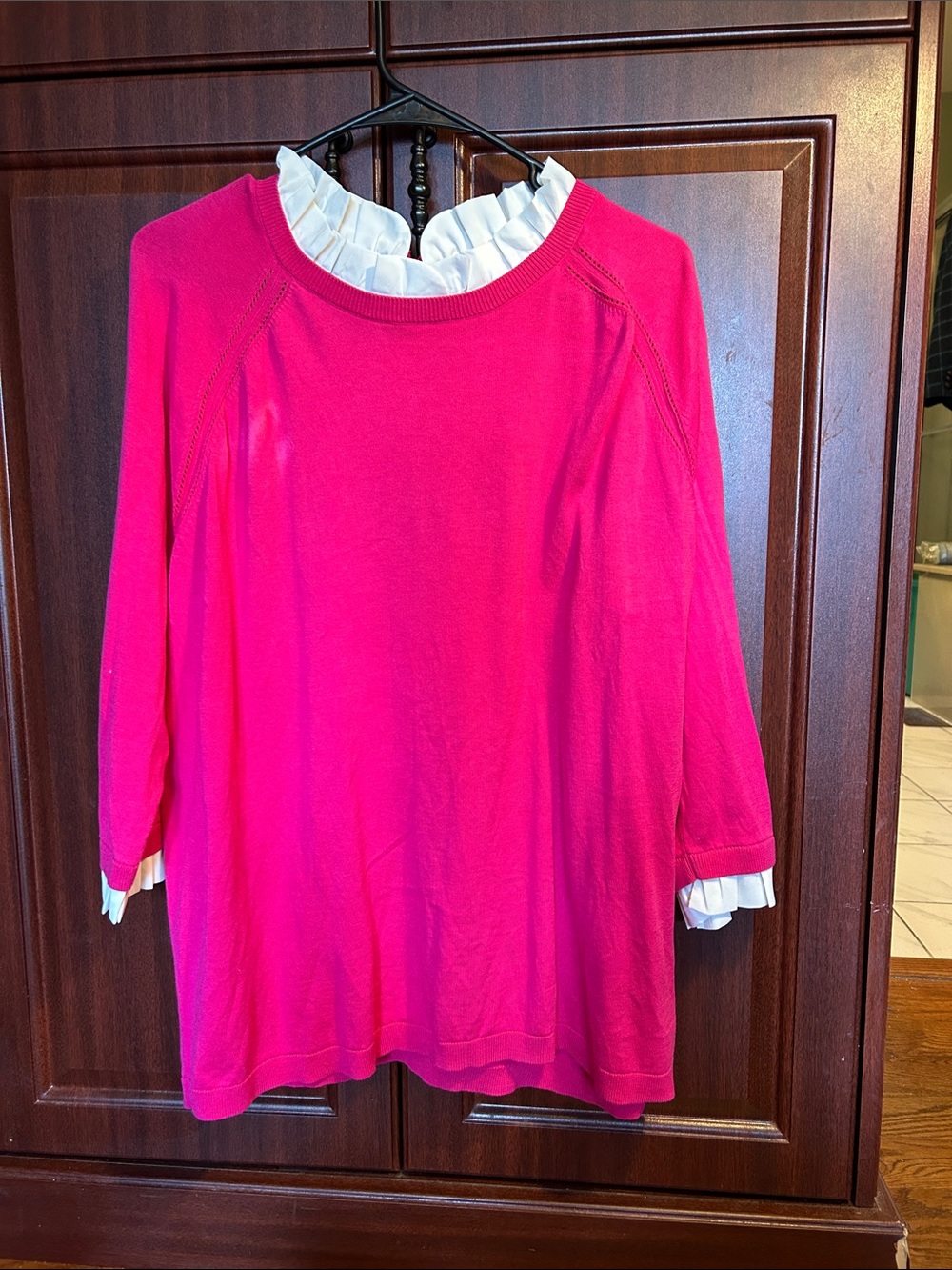 Talbots Hot Pink Sweater with White Ruffle Collar